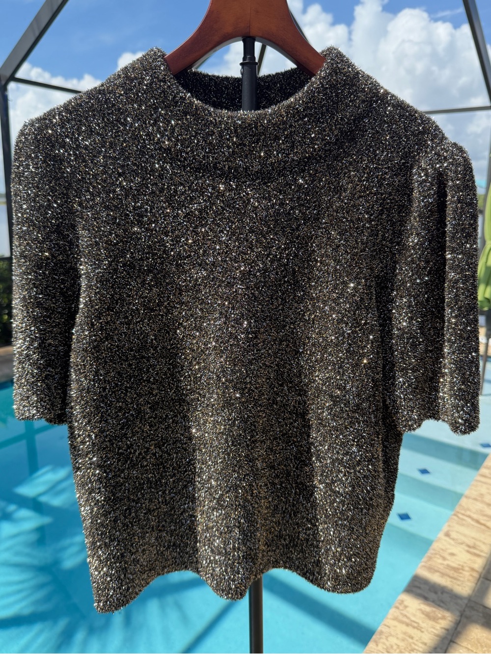 Kate Spade Dashing Beauty Metallic Textured Mock Neck Puff Sleeve Sweater L